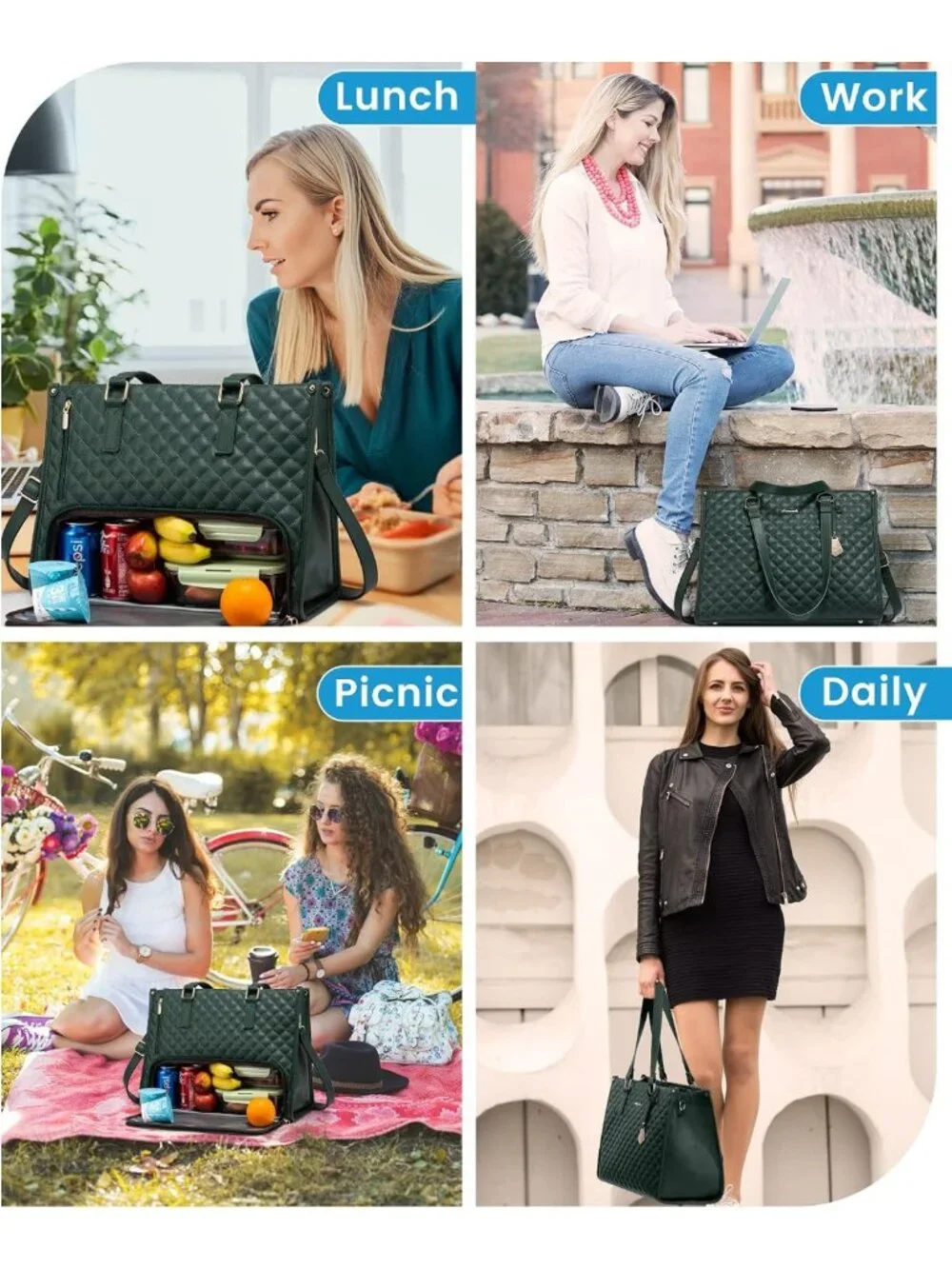 Stylish Insulated Lunch Tote & Laptop Bag for Women, Large Capacity, Green